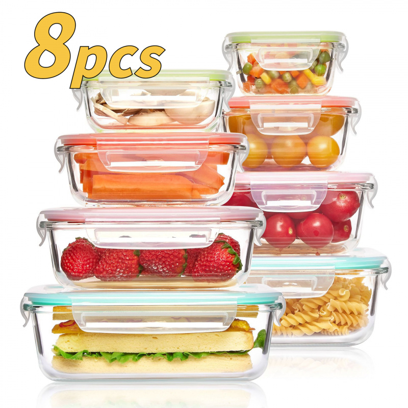 Meal Prep Glass Containers Oven Safe - กล่องเก็บอาหารแก้วแบบมีฝาปิด 8 ชิ้น ป้องกันการรั่วซึม ใช้กับไมโครเวฟ ตู้แช่แข็ง