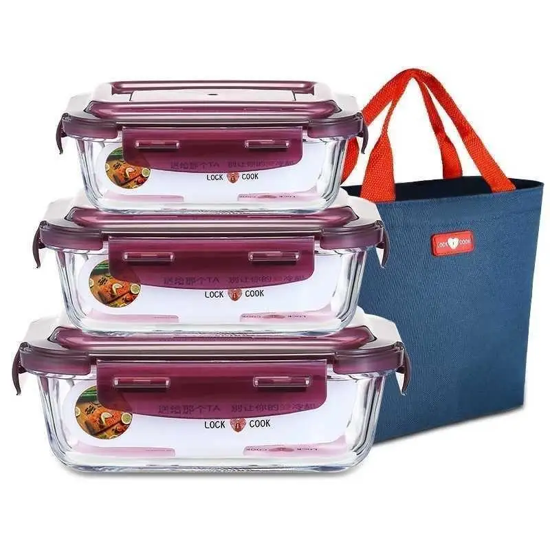 Glass Container Set - กล่องอาหารกลางวันไพเร็กซ์สำหรับไมโครเวฟ กล่องเก็บผลไม้ ชามแก้วใส หลายช่อง สำหรับผู้ใหญ่ ชุดกล่องพกพา